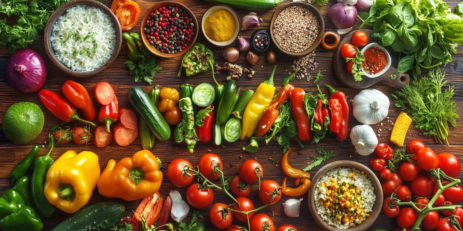 Fresh vegetables, herbs, rice, spices, onion, garlic, and peppers on a wooden table