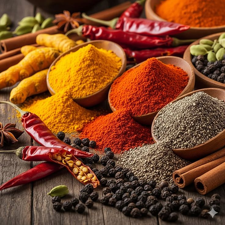 Indian spices including turmeric, chilli, pepper, cardamom and cinnamon